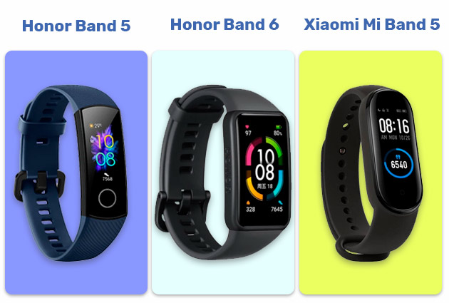 Сравнение габаритов Honor Band 5 и 6, Xiaomi Mi Band 5